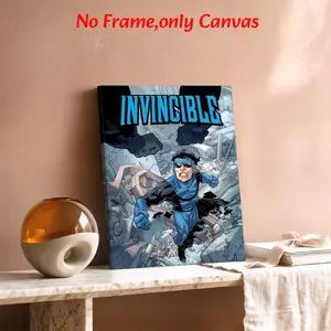 Comic Wall Art, Canvas Material, Invincible Mark Grayson Action Poster, Superhero Comic Book Graphic Printing, Blue And Black Canvas Decoration, Game Room & Bedroom Aesthetic, Perfect Gift For Comic Fans, Framed, Artwork.