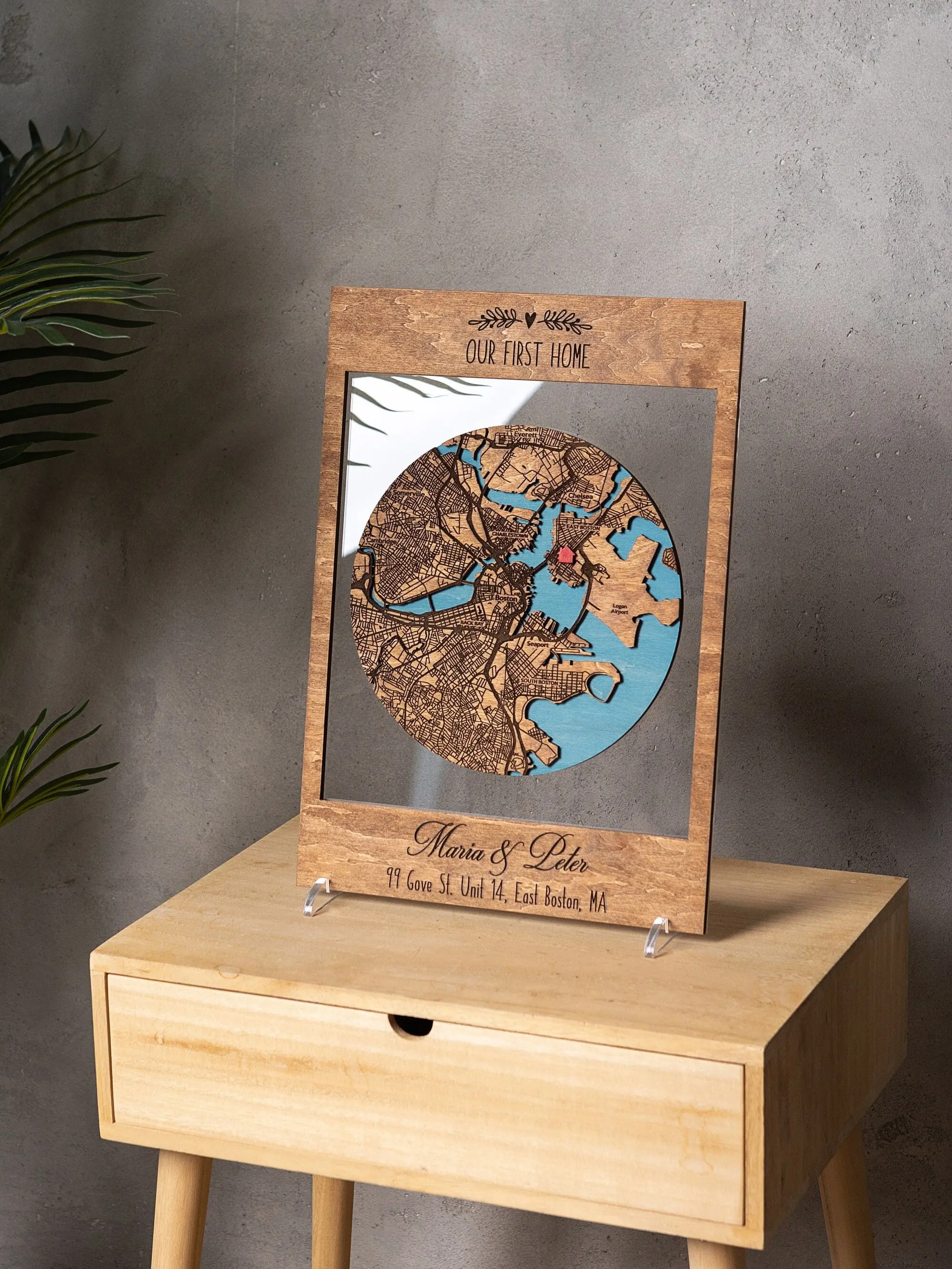 Personalized 3D Wooden Home Map – Our First Home Gift, Custom Framed Housewarming Map, New Home Gift, City Location Map for Couples