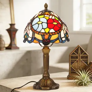 14.2 Inch Tiffany Style Stained Glass Table Lamp, 7.9" Floral Beaded Shade, Bronze Base, Warm Light for Bedroom Living Room