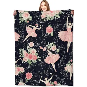 Ballet Dance Blanket Ballerina & Pink Rose Black Throw Blankets,Birthday Gifts for Women Girls,Lightweight Soft Fleece,for Sofa Couch Bed Room Art Artistic Romantic Decor 50x60in