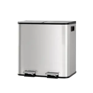 Dual Compartment Metal Pedal Waste Separation Bins, Hands-Free Trash Bins for Efficient Recycling, Sturdy Bins for Home Kitchen Office Commercia, Silver