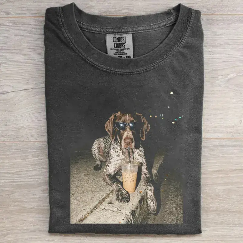 Funny German Shorthaired Pointer Drinking Iced Coffee T-shirt, Vintage 90s Dog Meme Graphic Tee, Animal Lover Shirt, Unisex Casual Streetwear, Gift for Men and Women