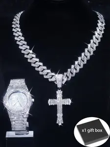 Rhinestone Decorated Cross Pendant & Watch & Chain Bracelet, Fashion Jewelry Set for Party, Daily Clothing Decor, Trendy All-match & Exquisite Jewelry for Birthday Gift, Fashionable Jewelry Set