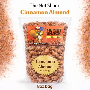 8oz bag -Cinnamon Sugar Roasted Almonds Texas Made Gourmet Snack Warm Sweet Crunchy Glaze Buttery Premium Nuts Perfect for Snacking Gift Baskets & Holiday Treats -8oz bag