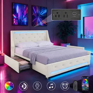 Queen Bed Frame with LED Lights, Upholstered Platform Bed Frame with Charging Station and Diamond Headboard, Wooden Slats, Easy Assembly, Noise Free, No Box Spring Needed, White