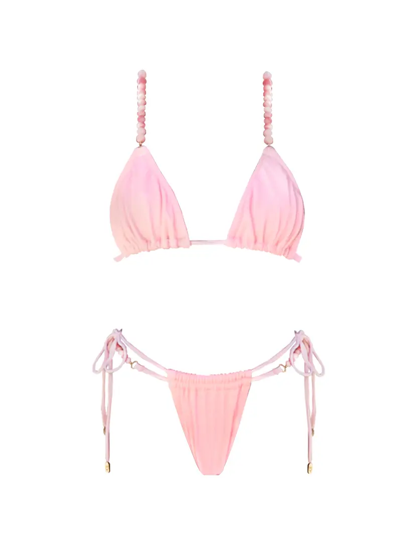 2026 new women’s beaded tie-strap mini bikini two-piece set—fashionable, sexy low-rise tie-front two-piece swimsuit for holidays, casual beachwear, swimwear, hot springs wear, and swim party outfits