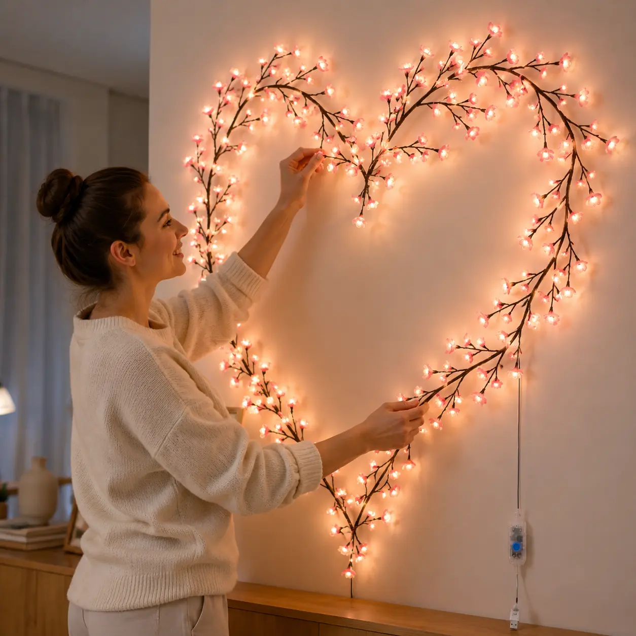 1PC 96 LED Cherry Blossom Vine Lights, Summerwins，6.23FT USB-Powered Pink Flower Branch Fairy Lights with Manual Controller, 8 Lighting Modes and Wall Clips, Flexible Indoor Wall Décor for Bedroom, Living Room, Party, Valentine’s Day, Easter and Gifts