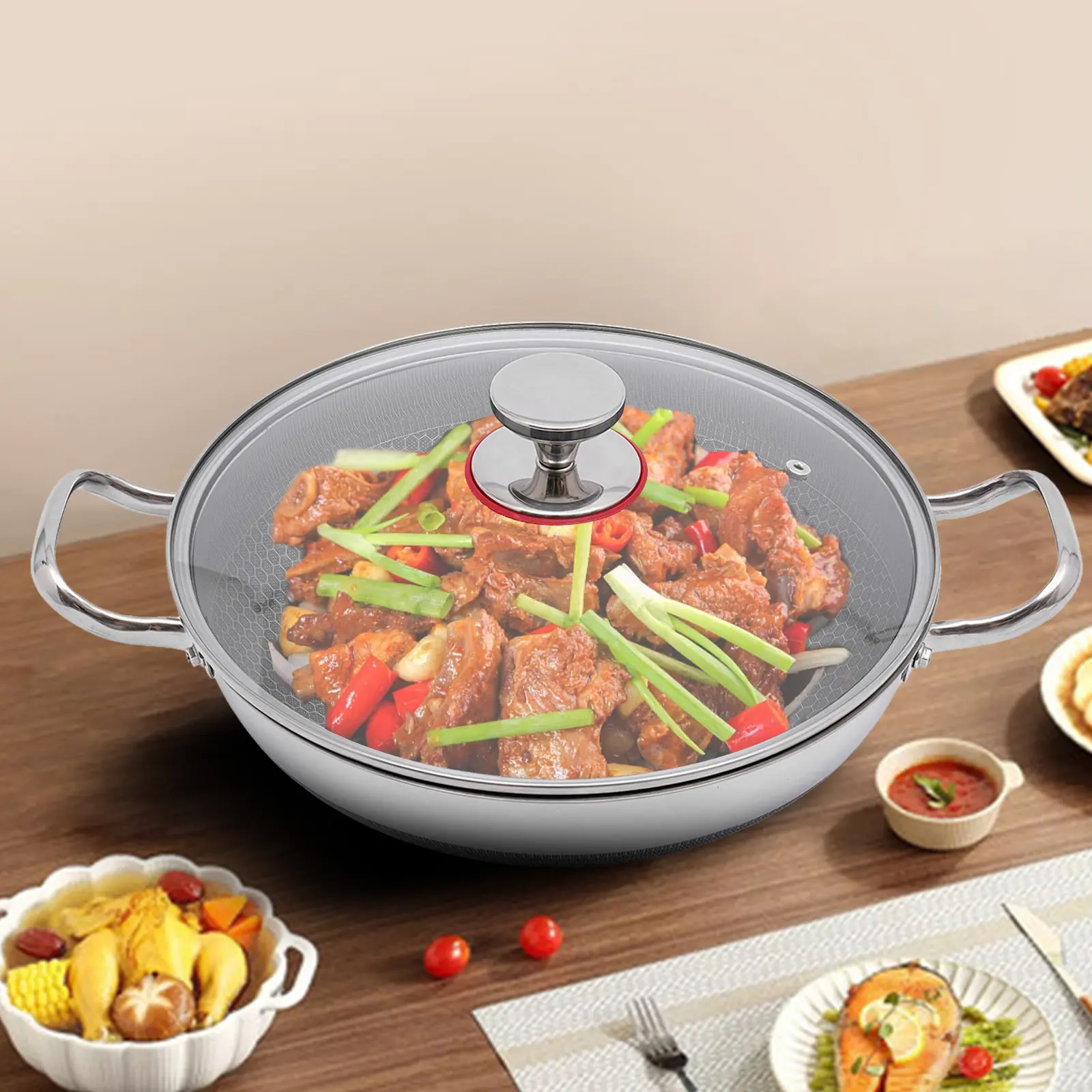 Nonstick Deep Frying Pan with Glass Lid 316 Stainless Steel Skillet for Induction Gas Ceramic Electric Stovetops Two Handle Hold Silver Cookware Modern Round Shape 32cm Diameter Father Son High School Graduation Gift