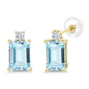 Gem Stone King 10K Yellow Gold Gemstone Birthstone and White Zirconia Two-Stone Stud Earrings for Women | Emerald Cut 8X6MM with Round 2.5MM Accent | Fine Gold Jewelry for Her Mom Wife