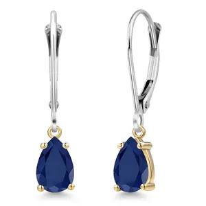 925 Silver and 10K Yellow Gold Blue Sapphire Dangle Earrings for Women | 1.78 Cttw | Gemstone September Birthstone | Pear Shape 7X5MM
