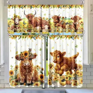 1/ 2/3Pcs Highland Cow Kitchen Curtains For Windows Highland Cow Sunflower Decor Short Curtain For Bedroom Window Treatment Decor Party Favor Supplies, Home Decor, Farmhouse Home Decor