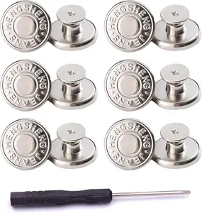 12 Sets  Jeans Buttons Replacement 17mm No Sewing Metal Button Repair Kit Nailess Removable Jean Buttons Replacement Combo Thread Rivets and Screwdrivers