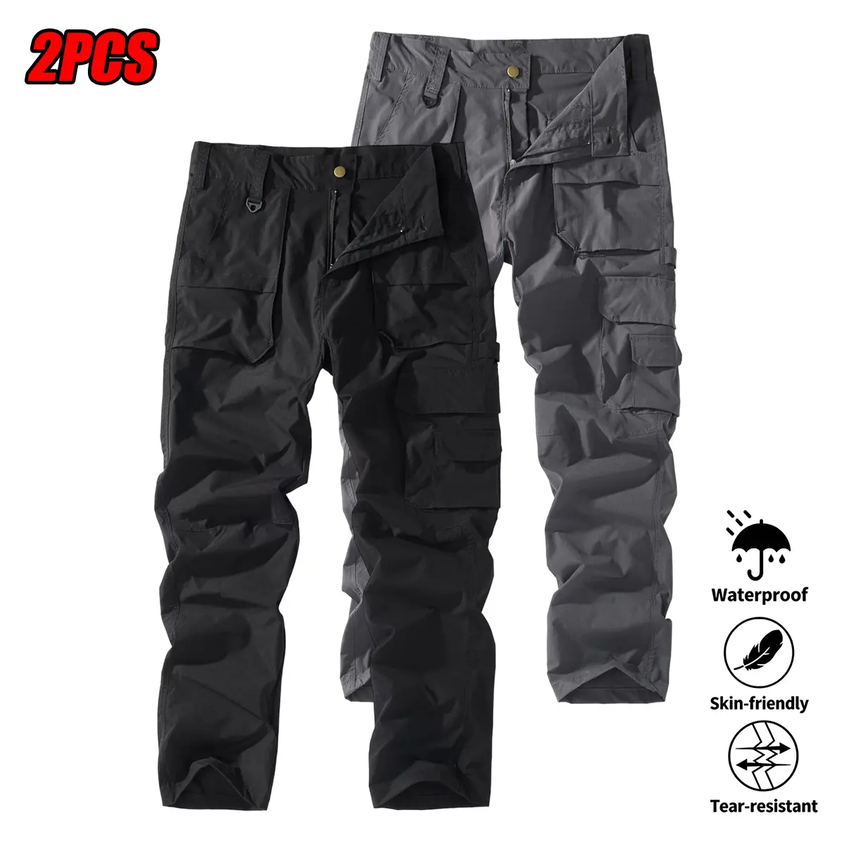 Men's Multi Pocket Pants , Outdoor Casual Sports Mountaineering Workwear, Tactical Camping Equipment, 2Pcs, Suitable for Outdoors, Hiking, Travel, Solid Color Design, Versatile Work Pants,