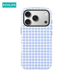 Koolife 1pc Light Blue & White Gingham Phone Case, 2-in-1 PC+TPU Glossy Hard Shell, Anti-Scratch Shockproof Cover for iPhone 17/16/15/14/13/12/11/XR/XS Max | Must-Have!