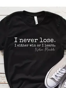 Cotton Nelson Mandela "I Never Lose, I Either Win or Learn" Positivity Quote T-Shirt - Black History Appreciation Unisex Short-Sleeve Tee, 220GSM Pure Cotton Retro Round Neck Shirt with Mandela Graphic for Men & Women