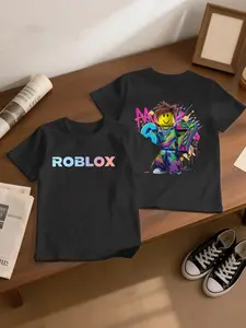 Roblox Gradient Letter Print Short Sleeve T-Shirt, Kids Casual Polyester Fabric, Soft Breathable, Sporty Style, Daily Wear, Game Graphic Tee