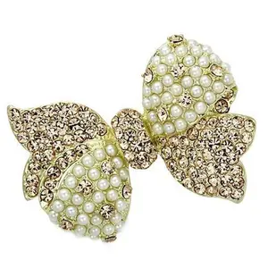 212 MAIN Women's Flower Brooch - Flash Gold-White Metal, White Synthetic Pearls, Beads, Fashion Collar Clip Accessory, Stylish Fashion Accessory