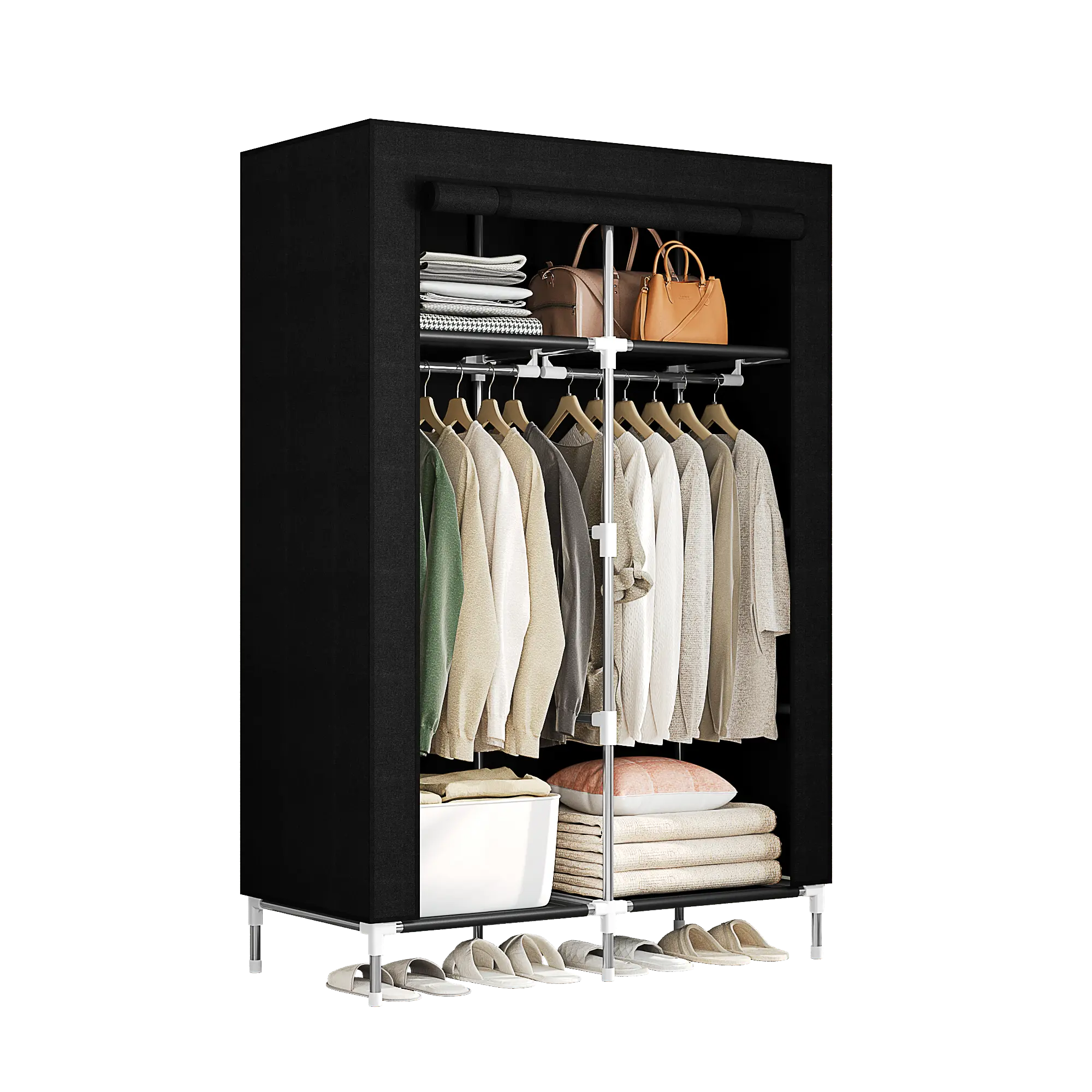 Extra Large Sturdy Freestanding Wardrobe Closet - 32.28x16.54x71.26 Inches, 6.75 Lbs, Durable Breathable Non-Woven Fabric Cover, Hanging Rod Rail, Easy-Access Clothes Armoire Closet Storage System for Bedroom (Holds Skirts, T-Shirts, Up to 15-20 Kg)