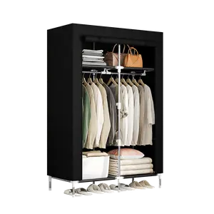 Portable Wardrobe Closet Clothes Storage Organizer with Hanging Rod Rail and Non-Woven Fabric Cover for Bedroom Living Room