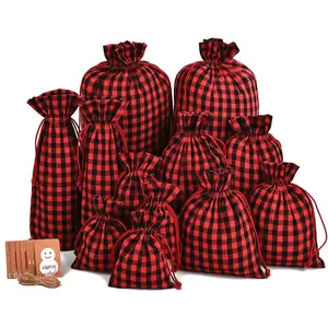 12 Pack Of Christmas  Bags With Drawstring  Designs For Christmas Party Supplies Favors (red and black,  size)
