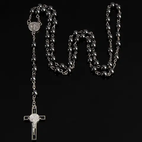 Stainless Steel Saint Benedict Rose Pendant Necklace for Men, Y-Type Bead Necklace, Plain Style, Alloy Chain, All Seasons Party Jewelry, Faith Necklace, Beaded Pendant Necklace, Beaded Necklaces