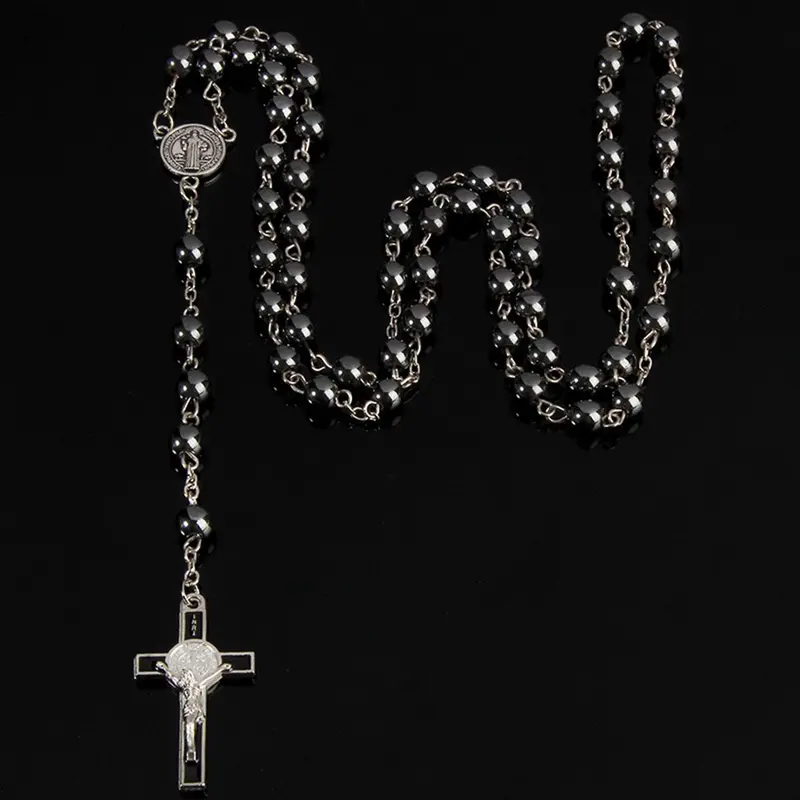 Stainless Steel Saint Benedict Rose Pendant Necklace for Men, Y-Type Bead Necklace, Plain Style, Alloy Chain, All Seasons Party Jewelry, Faith Necklace, Beaded Pendant Necklace, Beaded Necklaces