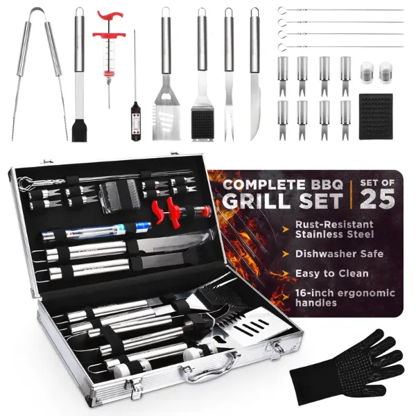 25-Piece Grill Accessories Set – Outdoor Cooking BBQ Tools with Aluminum Case