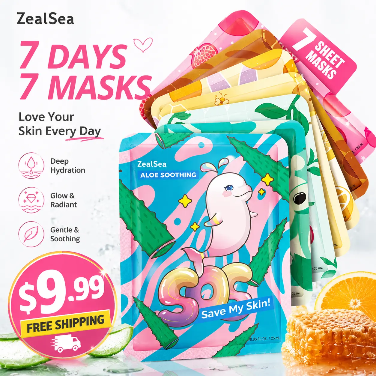 ZealSea 7 Day Face Mask Set with Botanical Extracts for Daily Hydrating & Glow, Moisturizer Sheet Masks for All Skin Types, SPA Self Care Gift for Kids Girls Women, Fun Sleepover Slumber Party for Teens,7 Count