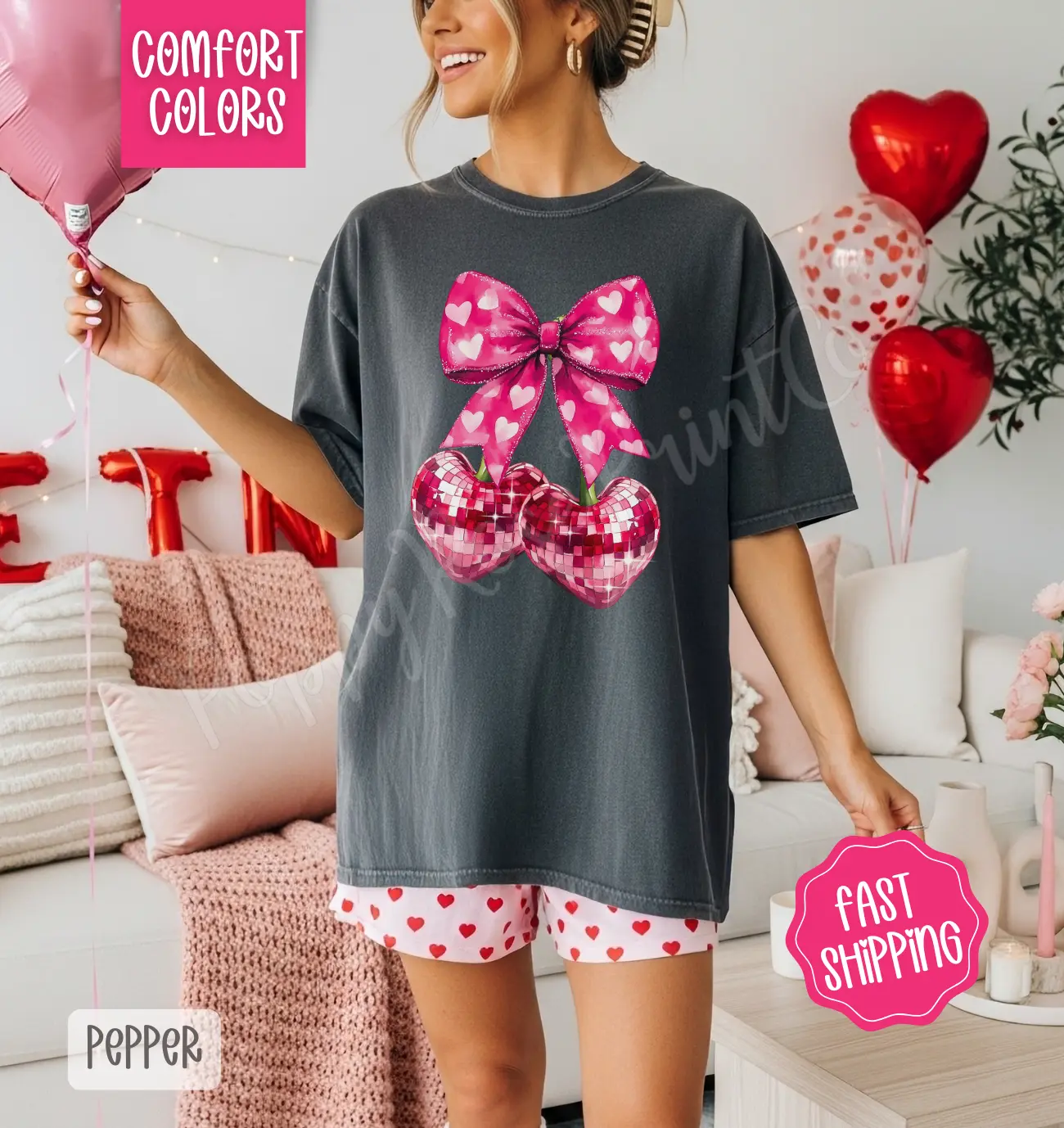 Disco Cherry Bow Shirt Comfort Colors, Valentine's Day Women's Tee, Holiday Women's Tshirt