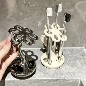 Ceramic Toothbrush Holder Flower-Shaped - Multifunctional Storage for Toothbrushes & Makeup Brushes, Creative Bathroom Accessory Stand
