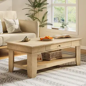 Garvee Light Oak Coffee Table 47.2" with Drawer and Storage Shelf, Spacious and Sturdy Center Table for Living Room, Easy to Clean, Supports up to 300 Pounds
