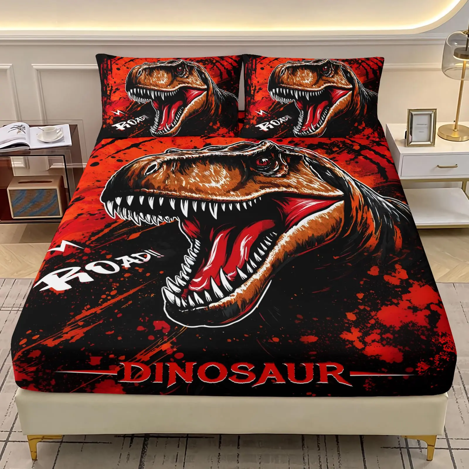 3-Piece Dinosaur Print Decorative Bedding Set, Includes Flat Sheet and Pillowcases, Modern Design for Bedroom Decor, Comfortable and Stylish