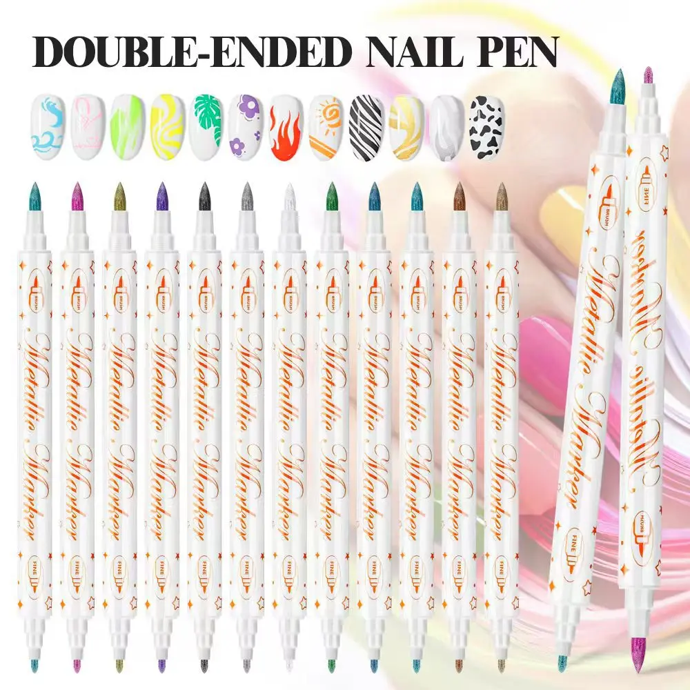 Double-Ended Nail Art Marker Pen Set, Fluorescent Tip Design for Abstract & Floral Patterns, DIY Manicure Tool for Home Use