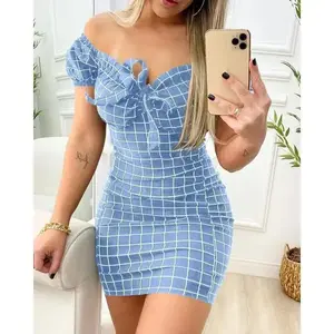 Summer dress sexy hip hugging short skirt crossover plaid print dress black casual