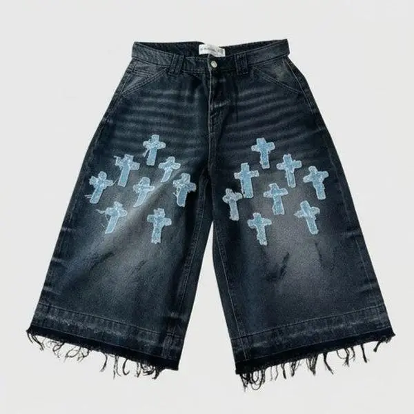 Wildgeese Handcrafted Cross Appliqué Denim Jorts – Unique Handmade Streetwear