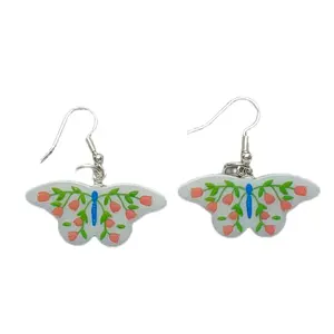 White Ceramic Butterfly Earrings with Floral Design and Blue Center Accents