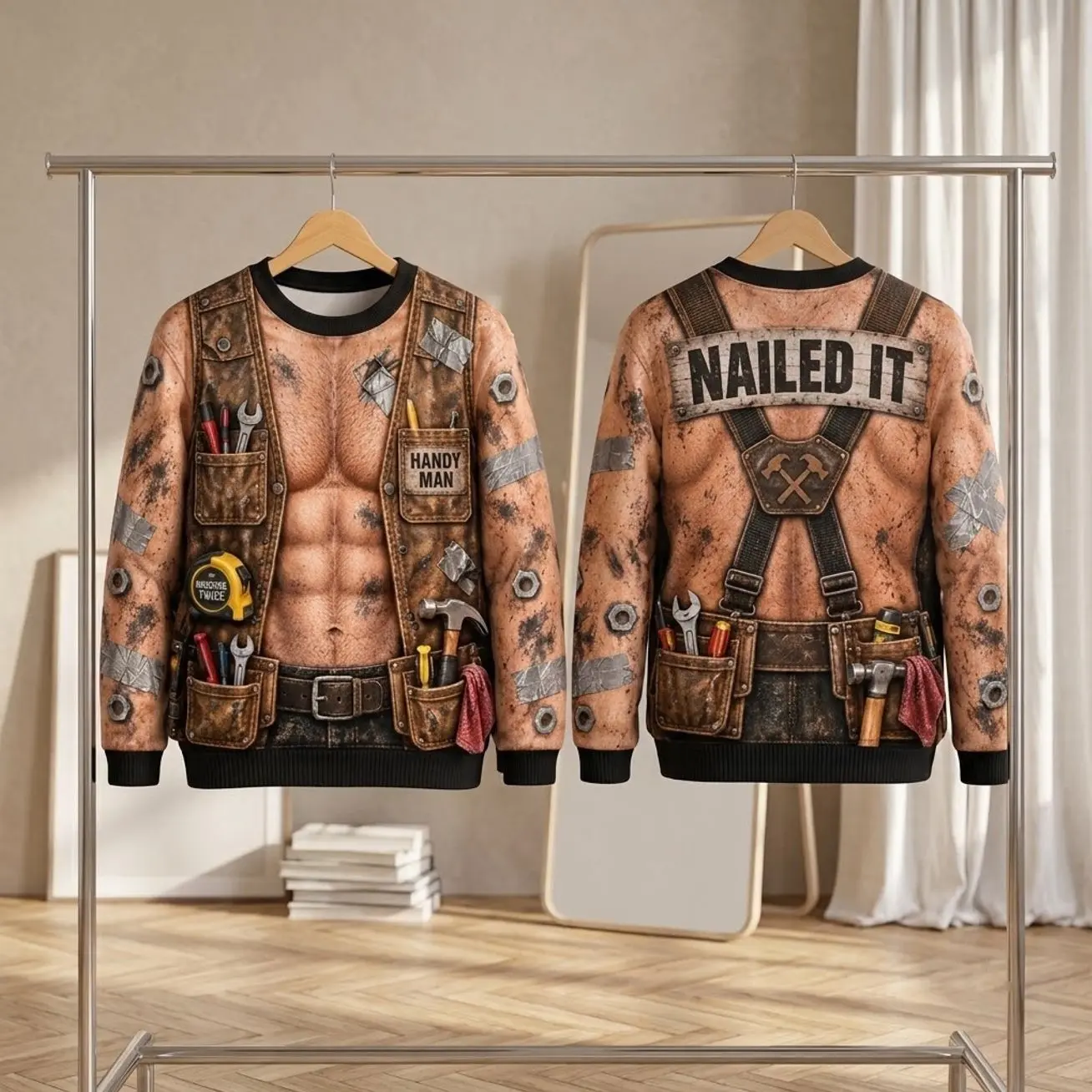 Handyman Ugly Sweater, Funny 3D Muscle Illusion Sweatshirt, Tool Belt Workwear Pullover, Carpenter Mechanic Gift for Men