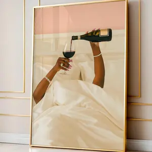[Unframe] [Free ship] Luxury Black Woman Drinking Champagne in Bed Poster, Old Money Aesthetics, Modern Champagne Print for Kitchen or Lounge, Luxurious Wall Arts