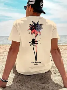 Men's Round Neck Tropical Coconut Tree Pattern Printed Short Sleeve T-Shirt, Casual Fit for Summer Outdoor Activities, Trendy Knit Fabric