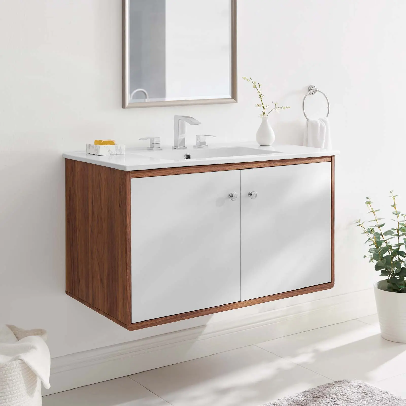 Modway Transmit 36" Modern Wall-Mount Bathroom Vanity Set with Sink, Cabinet, Countertop, and Storage (Walnut White Finish)