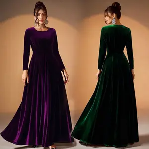 Luxury Velvet Long Sleeve Maxi Dress - Floor-Length Formal Evening Gown for Weddings & Galas, A-Line Skirt, Crew Neckline, Plush Velvet, Available in XS/S/M/L/XL