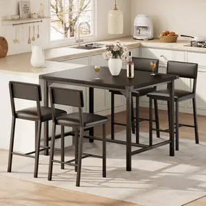 Dining Table Set for 4 with Footrest & Corner Protector, Counter Height Table with 4 Upholstered Bar Stools, 5-Piece Kitchen Table Set, for Dining Room, Apartment, Pub, Rustic Black