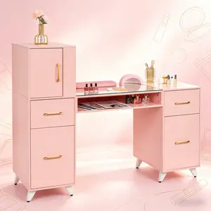 Modern Manicure Table, Nail Table with Tempered Glass Top, 3 Doors 2 Drawers Storage Station, Fanless Manicure Desk for Salon & Home Use