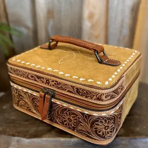 The Sadie Travel Jewelry Organizer - Genuine Leather Boot Stitch Design Compact & Stylish 10x8x5" with Built-in Organizer for Women