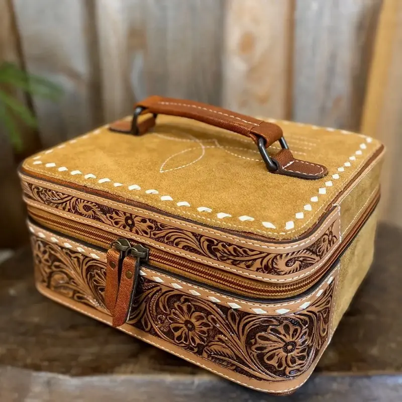 The Sadie Travel Jewelry Organizer - Genuine Leather Boot Stitch Design Compact & Stylish 10x8x5" with Built-in Organizer for Women