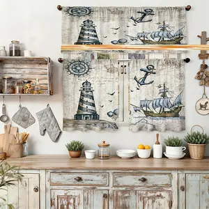 JOYFINITY Kitchen Curtains Vintage European Nautical Window Curtain Set with Lighthouse and Sailboat Decor Available in Multiple Sizes (Rod Not Included) Designed for Rod Pocket Hanging Style.