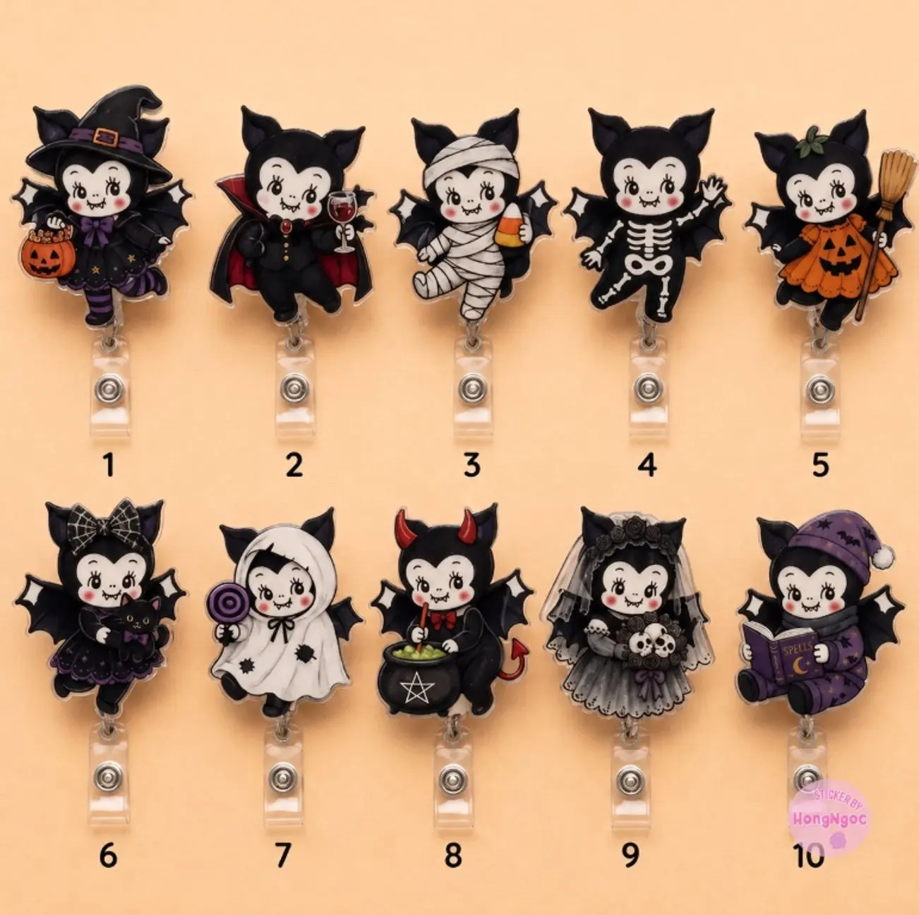Cute Vampire Bat Badge Reel Retractable, Spooky Halloween Bat ID Holder for Nurses,Vintage Kewpie Doll Witch Ghost Teacher Medical Gift Clip