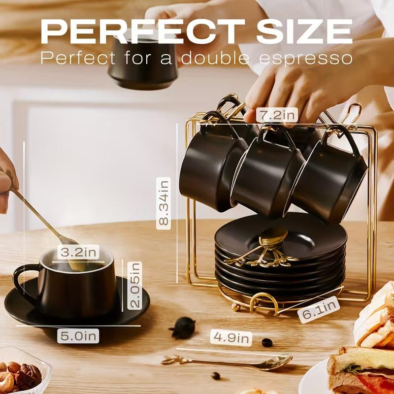 Espresso Cups with Saucers, Spoons, and Metal Stands, 4-ounce Small Ceramic Cappuccino Coffee Cup Set of 6, Cute Teacups with Handles