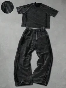 Unisex 2-Piece Set in, Street Style Cotton Tee and Distressed Detail Cotton Sweatpants, Perfect for Casual Y2K Fashion,Trendy outfits, hip-hop rap, couple outfits