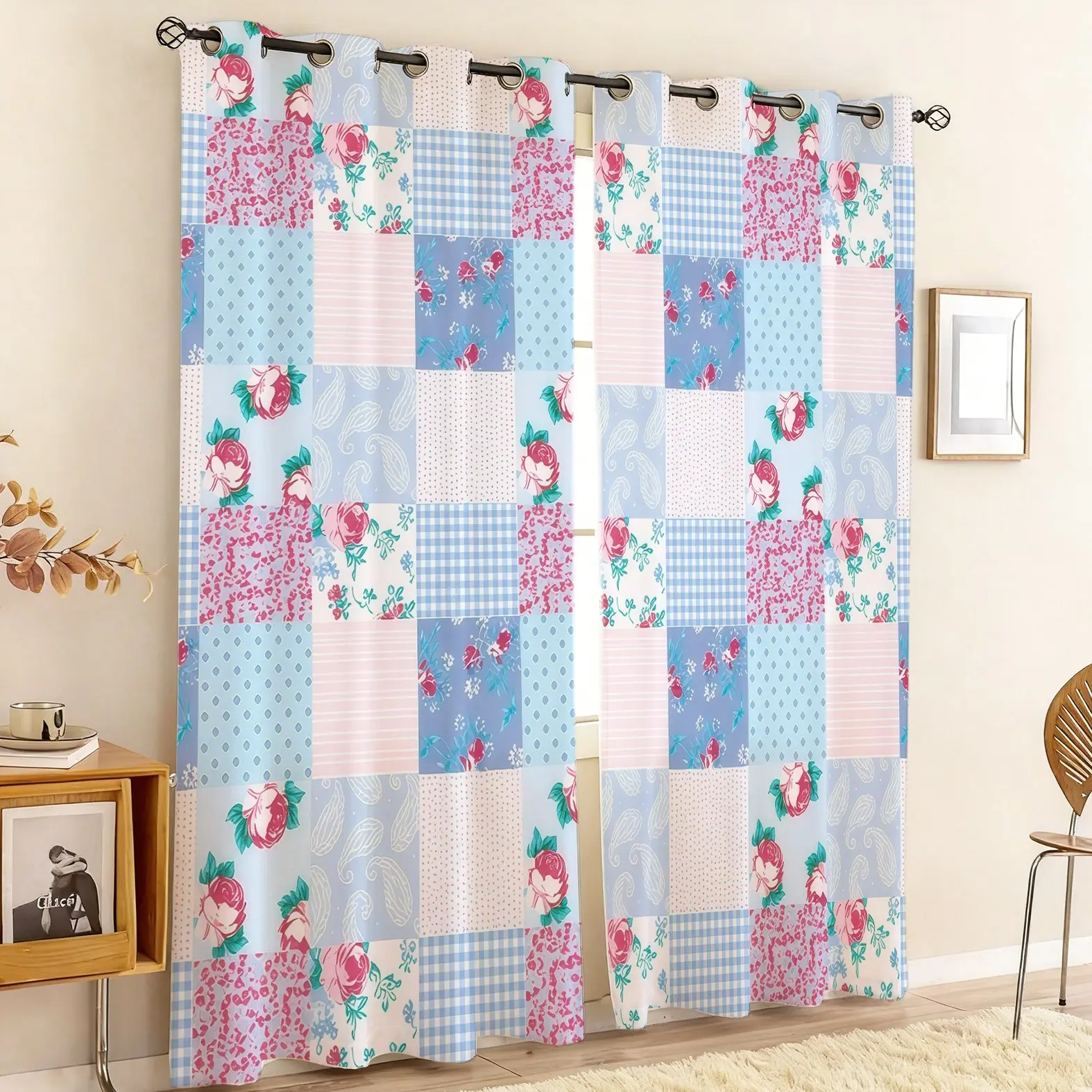 Country Floral Patchwork Blackout Curtains, Window Curtain, 2 Panels Set, Privacy & Light Blocking, Cottage Style Plaid & Rose Print, Ideal for Teens & Adults, Bedroom & Living Room Decor